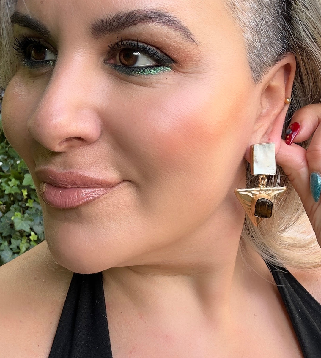 Pyramidia Citrine, Rose-Qaurtz, Amazonite, Emerald ,Tiger’s Eye Earrings